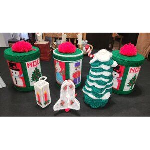 Vintage Handmade Christmas Yarn & Plastic Canvas Decor Set Canisters